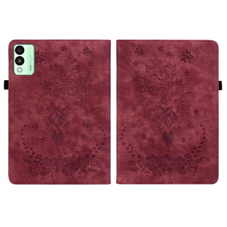 For TECNO Megapad 11 Case Card Holder Anti-Scratch Leather Cover Rose Flower Imprint - Red