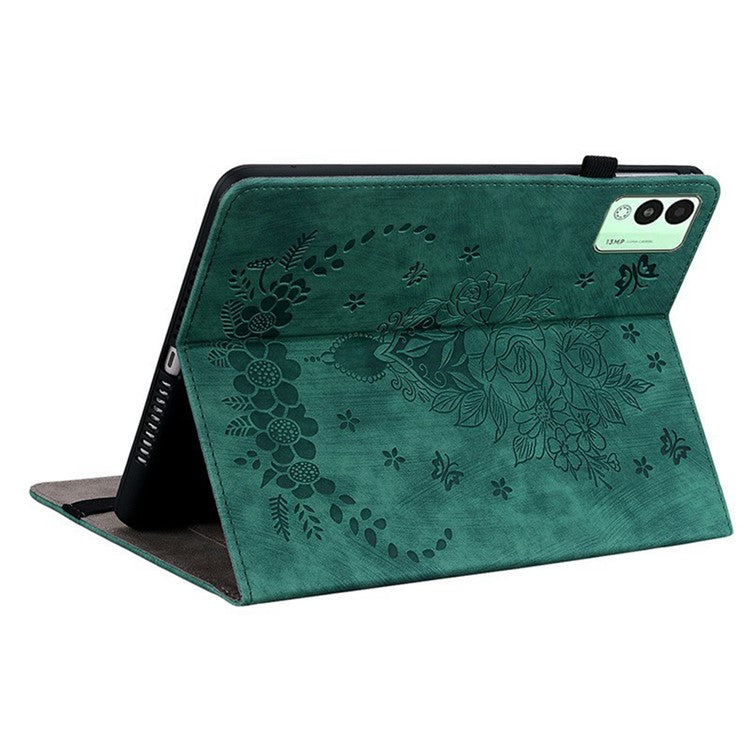 For TECNO Megapad 11 Case Card Holder Anti-Scratch Leather Cover Rose Flower Imprint - Green