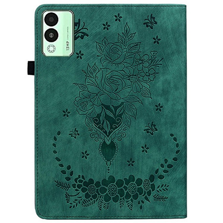 For TECNO Megapad 11 Case Card Holder Anti-Scratch Leather Cover Rose Flower Imprint - Green