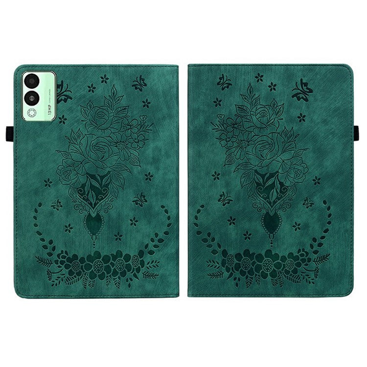 For TECNO Megapad 11 Case Card Holder Anti-Scratch Leather Cover Rose Flower Imprint - Green