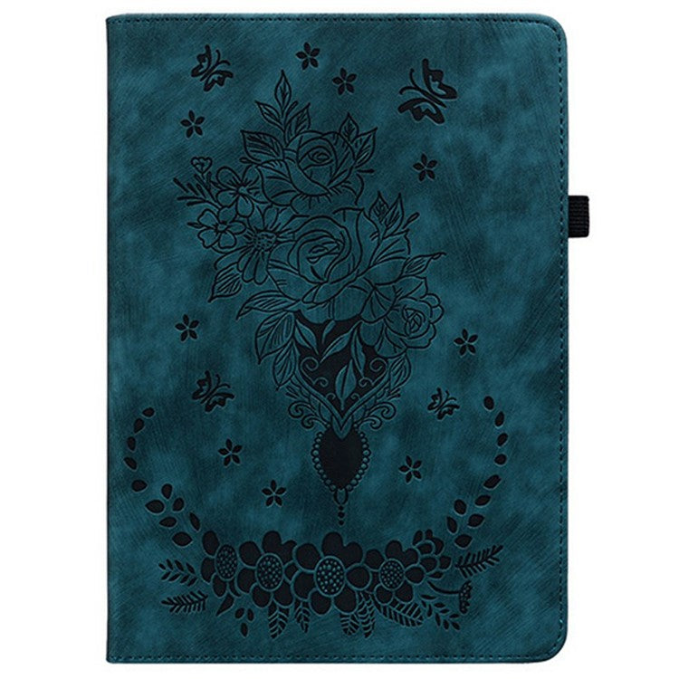 For TECNO Megapad 11 Case Card Holder Anti-Scratch Leather Cover Rose Flower Imprint - Blue