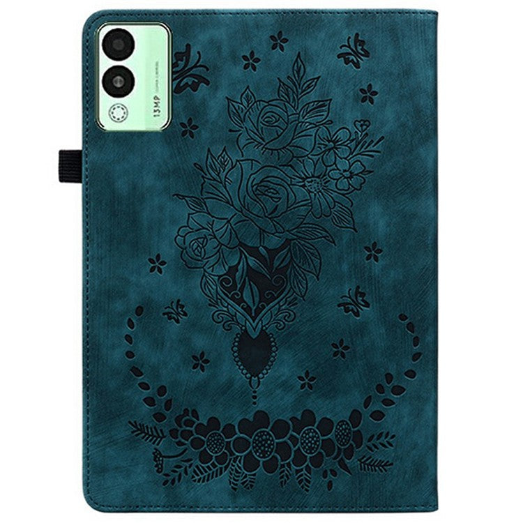 For TECNO Megapad 11 Case Card Holder Anti-Scratch Leather Cover Rose Flower Imprint - Blue