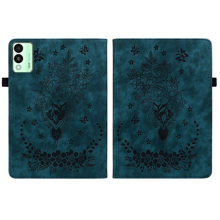 For TECNO Megapad 11 Case Card Holder Anti-Scratch Leather Cover Rose Flower Imprint - Blue