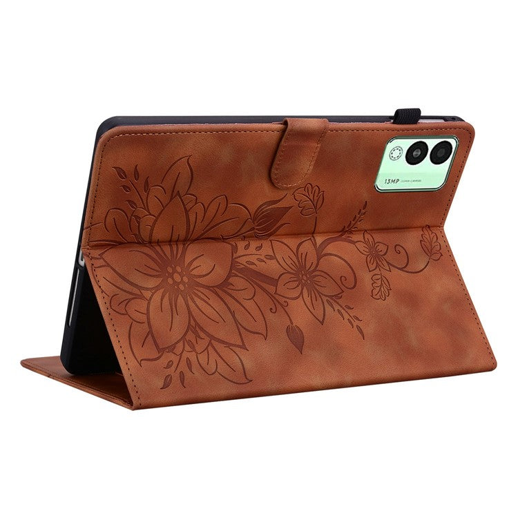 For TECNO Megapad 11 Case Lily Flower Imprint Card Slots Leather Tablet Cover - Brown