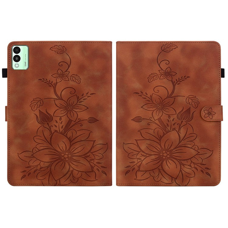 For TECNO Megapad 11 Case Lily Flower Imprint Card Slots Leather Tablet Cover - Brown