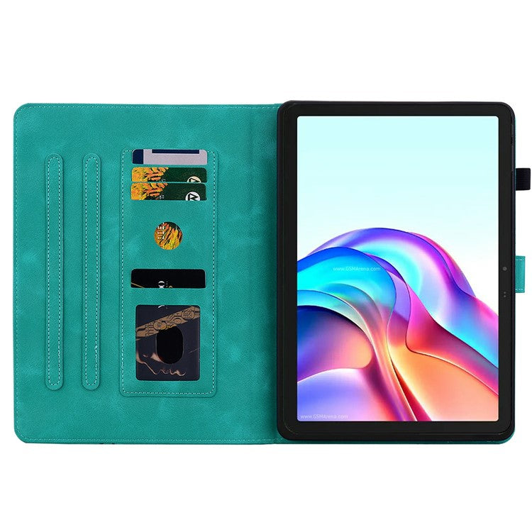 For TECNO Megapad 11 Case Lily Flower Imprint Card Slots Leather Tablet Cover - Green