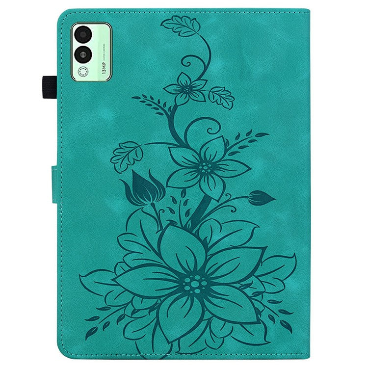 For TECNO Megapad 11 Case Lily Flower Imprint Card Slots Leather Tablet Cover - Green