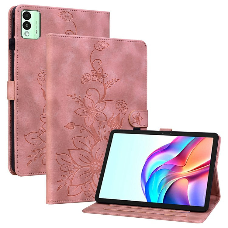 For TECNO Megapad 11 Case Lily Flower Imprint Card Slots Leather Tablet Cover - Pink