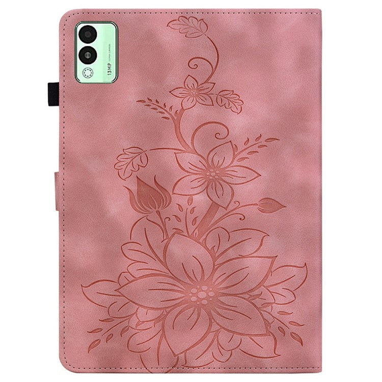 For TECNO Megapad 11 Case Lily Flower Imprint Card Slots Leather Tablet Cover - Pink