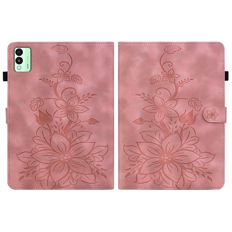 For TECNO Megapad 11 Case Lily Flower Imprint Card Slots Leather Tablet Cover - Pink