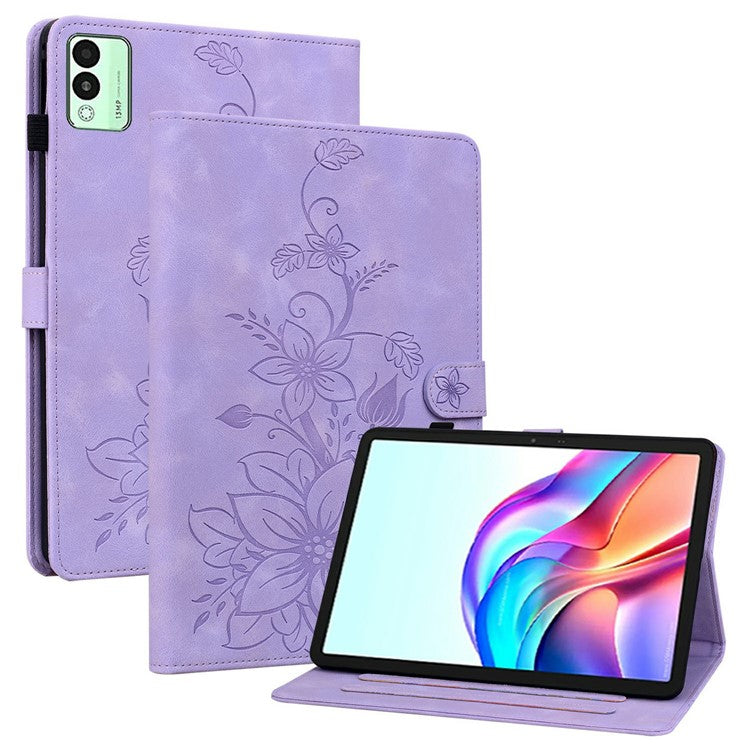 For TECNO Megapad 11 Case Lily Flower Imprint Card Slots Leather Tablet Cover - Purple
