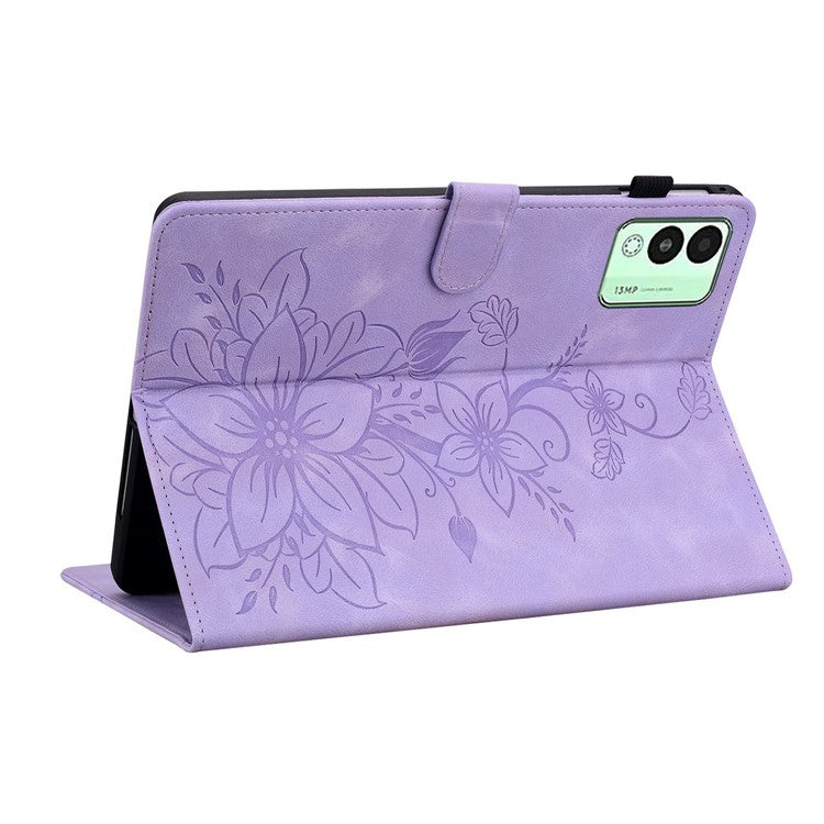 For TECNO Megapad 11 Case Lily Flower Imprint Card Slots Leather Tablet Cover - Purple