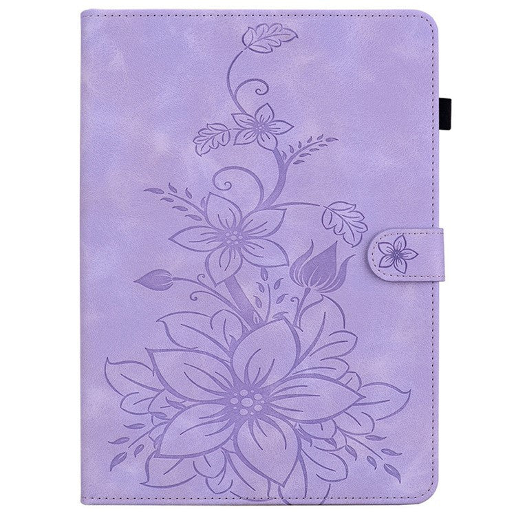For TECNO Megapad 11 Case Lily Flower Imprint Card Slots Leather Tablet Cover - Purple