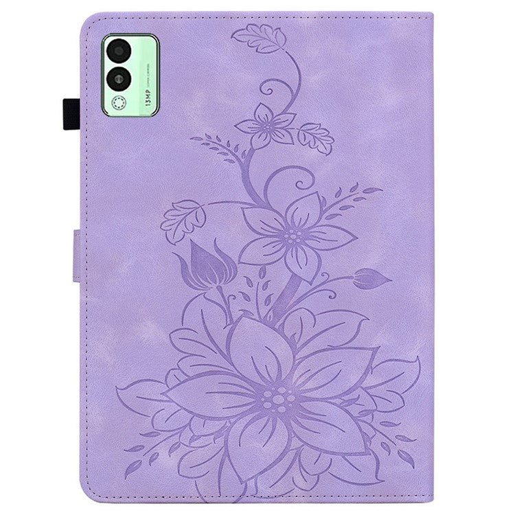 For TECNO Megapad 11 Case Lily Flower Imprint Card Slots Leather Tablet Cover - Purple