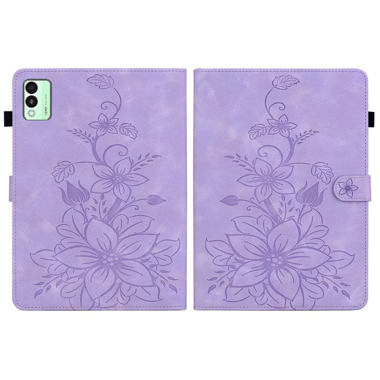 For TECNO Megapad 11 Case Lily Flower Imprint Card Slots Leather Tablet Cover - Purple