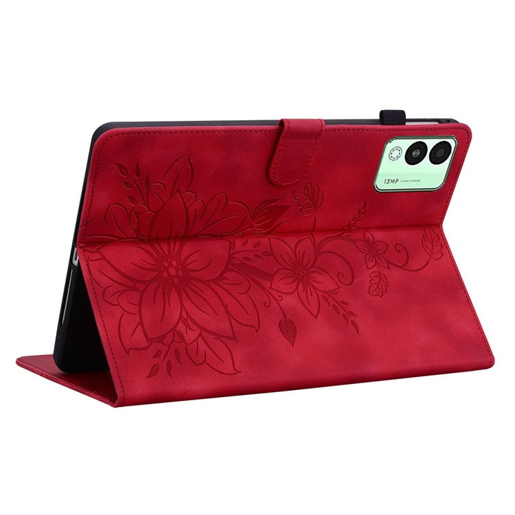 For TECNO Megapad 11 Case Lily Flower Imprint Card Slots Leather Tablet Cover - Red