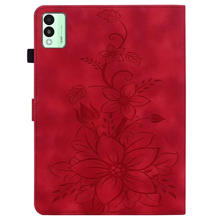 For TECNO Megapad 11 Case Lily Flower Imprint Card Slots Leather Tablet Cover - Red