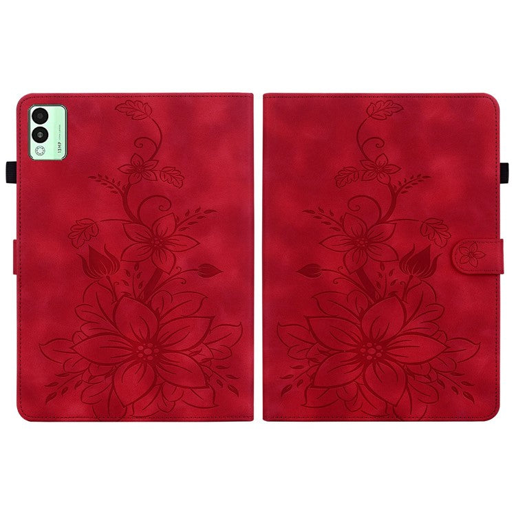 For TECNO Megapad 11 Case Lily Flower Imprint Card Slots Leather Tablet Cover - Red