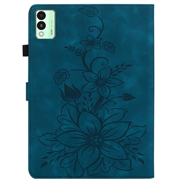 For TECNO Megapad 11 Case Lily Flower Imprint Card Slots Leather Tablet Cover - Blue