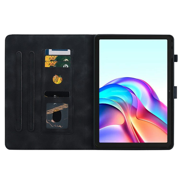 For TECNO Megapad 11 Case Lily Flower Imprint Card Slots Leather Tablet Cover - Black