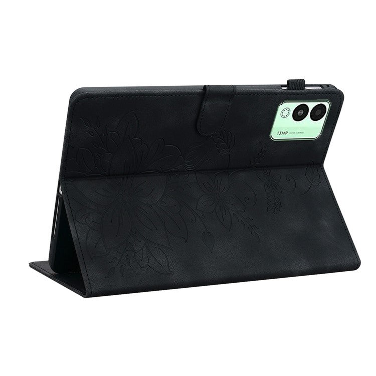 For TECNO Megapad 11 Case Lily Flower Imprint Card Slots Leather Tablet Cover - Black