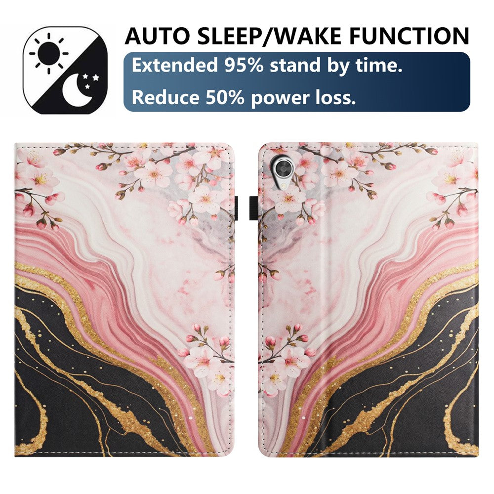 For Lenovo Tab M9 TB-310FU Tablet Case Litchi Texture Pattern Printing Leather Cover Auto Sleep / Wake with Card Holder - Marble Flower