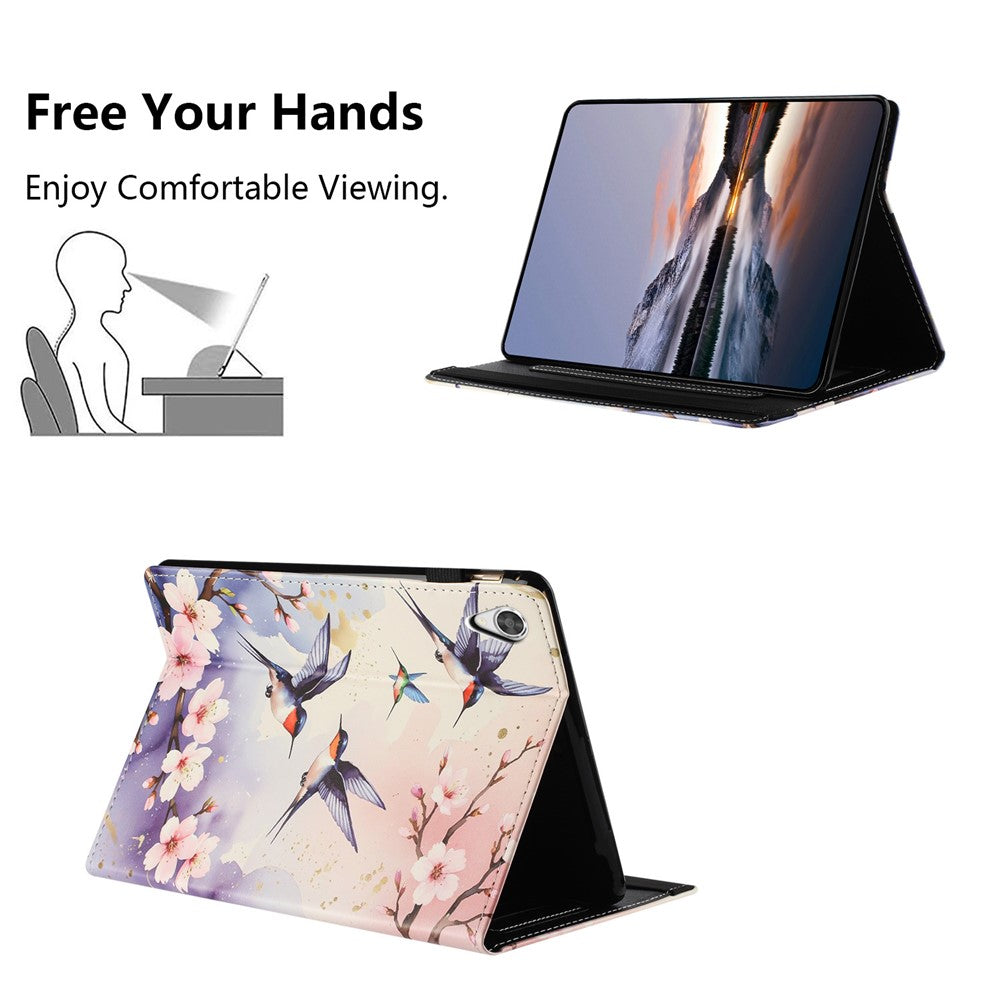 For Lenovo Tab M9 TB-310FU Tablet Case Litchi Texture Pattern Printing Leather Cover Auto Sleep / Wake with Card Holder - Plum Swallow