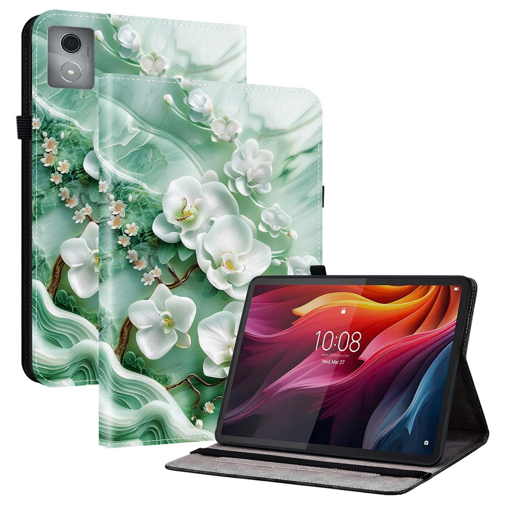 For Lenovo Tab K11 Plus / M11 Plus Leather Case Pattern Printed Stand Tablet Cover with Card Slots - Jade Flower