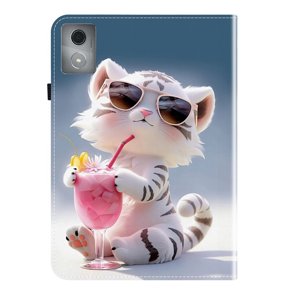 For Lenovo Tab K11 Plus / M11 Plus Leather Case Pattern Printed Stand Tablet Cover with Card Slots - Cartoon Tiger