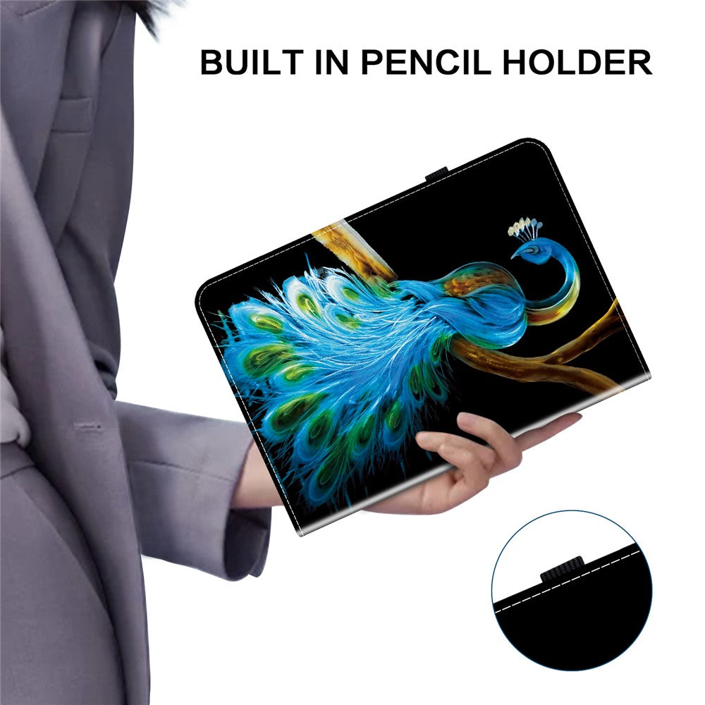 For Lenovo Tab K11 Plus / M11 Plus Leather Case Pattern Printed Stand Tablet Cover with Card Slots - Peacock
