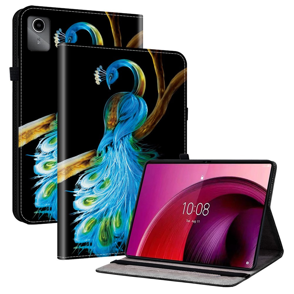 For Lenovo Tab M11 TB-330FC / Xiaoxin Pad 11 2024 TB-331FC Leather Case Pattern Printed Stand Tablet Cover with Card Slots - Peacock