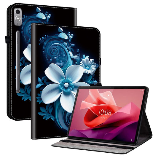 For Lenovo Tab P12 Leather Case Pattern Printed Stand Tablet Cover with Card Slots - Black Orchid