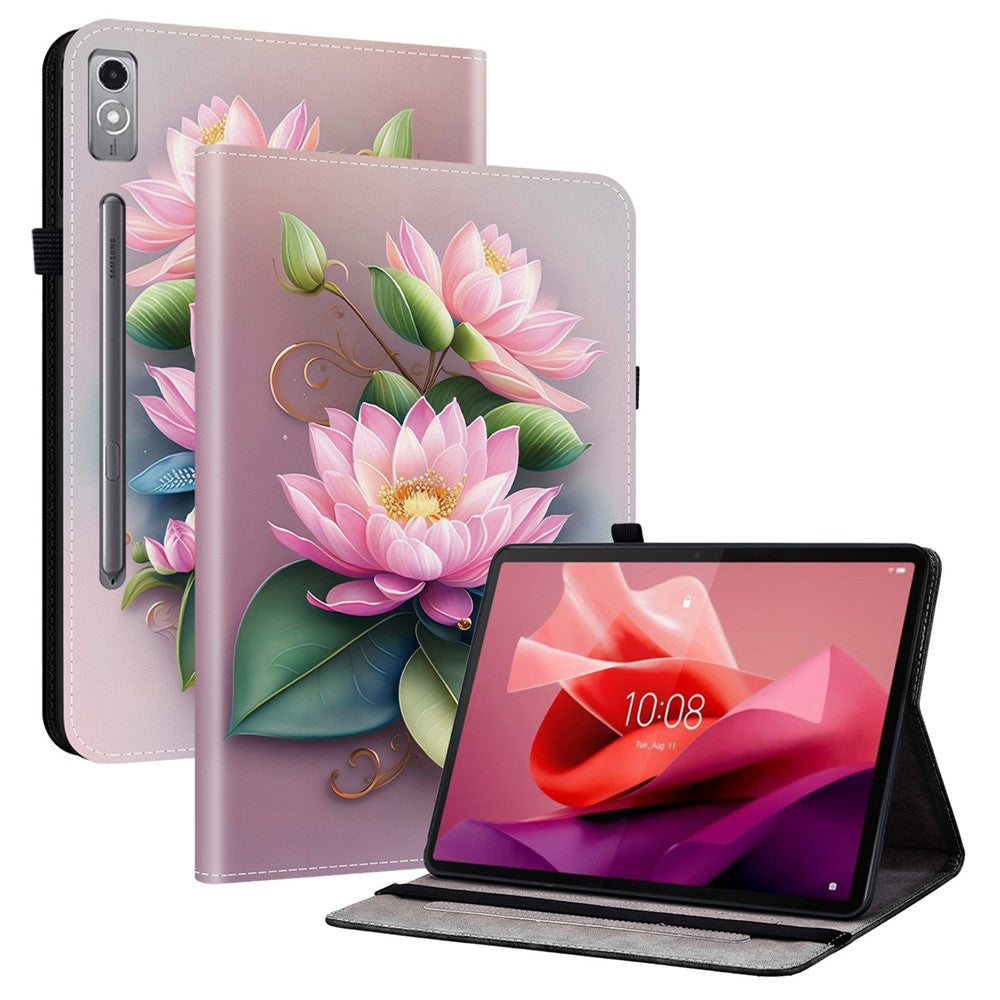 For Lenovo Tab P12 Leather Case Pattern Printed Stand Tablet Cover with Card Slots - Lotus