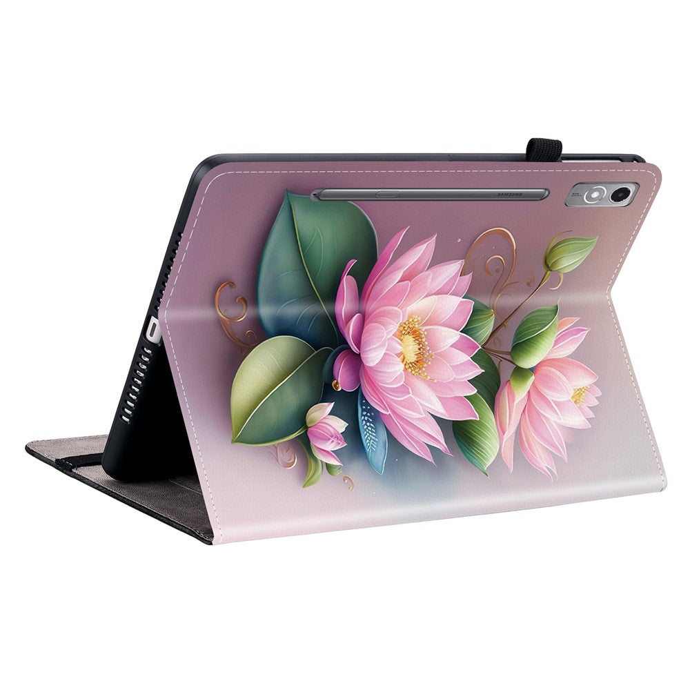 For Lenovo Tab P12 Leather Case Pattern Printed Stand Tablet Cover with Card Slots - Lotus