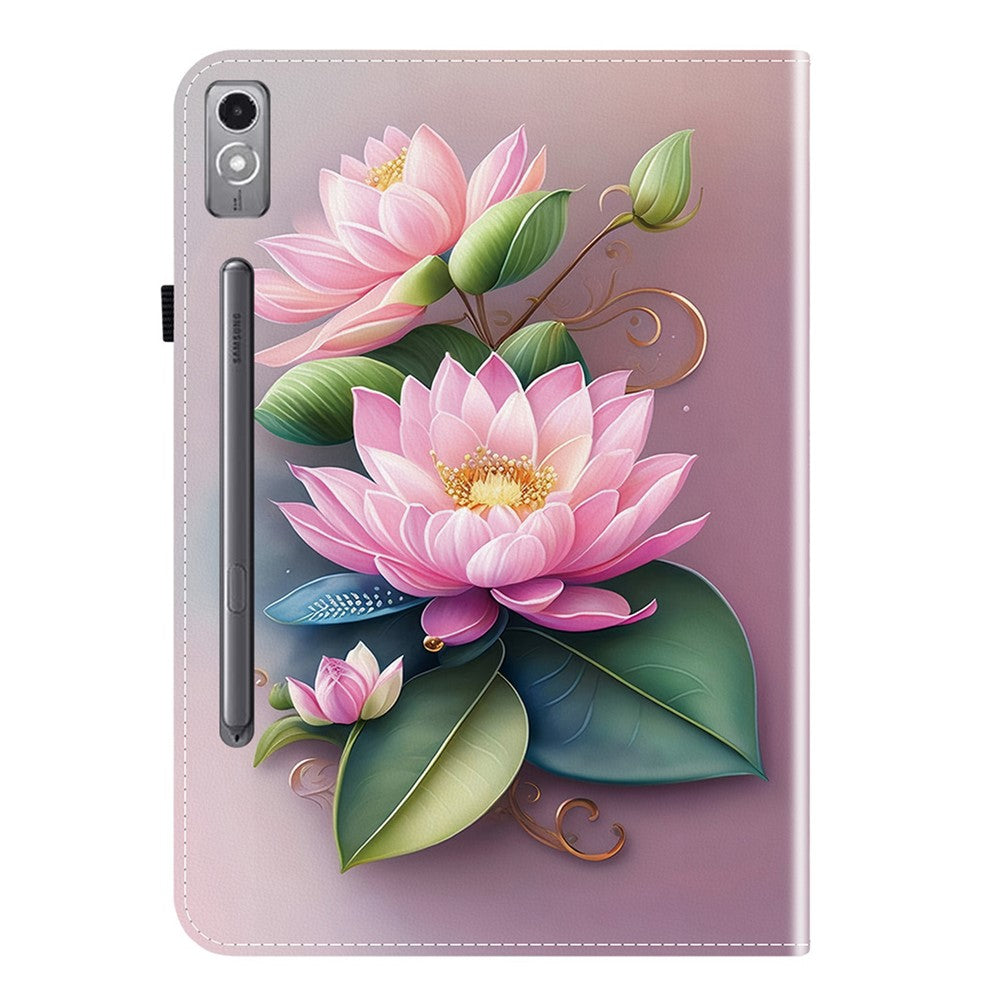 For Lenovo Tab P12 Leather Case Pattern Printed Stand Tablet Cover with Card Slots - Lotus