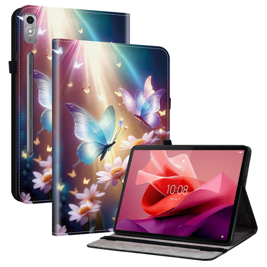 For Lenovo Tab P12 Leather Case Pattern Printed Stand Tablet Cover with Card Slots - Butterfly Floral