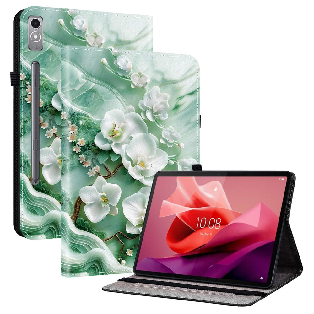 For Lenovo Tab P12 Leather Case Pattern Printed Stand Tablet Cover with Card Slots - Jade Flower