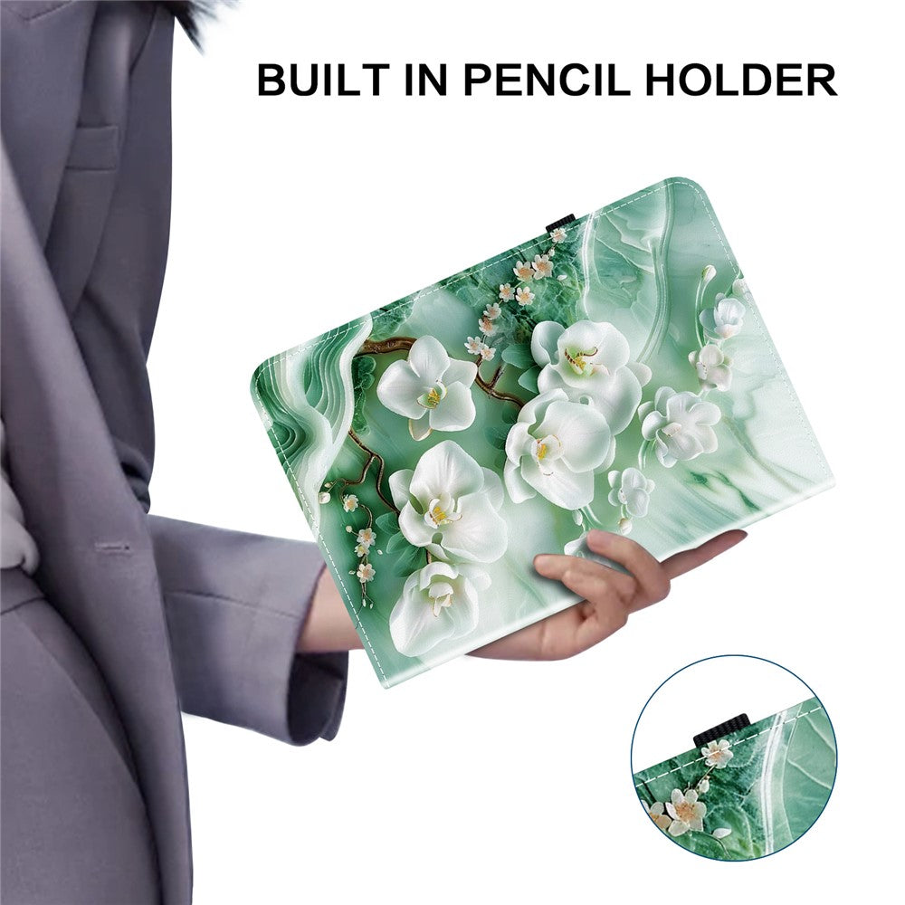 For Lenovo Tab P12 Leather Case Pattern Printed Stand Tablet Cover with Card Slots - Jade Flower