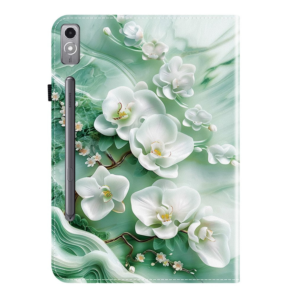For Lenovo Tab P12 Leather Case Pattern Printed Stand Tablet Cover with Card Slots - Jade Flower