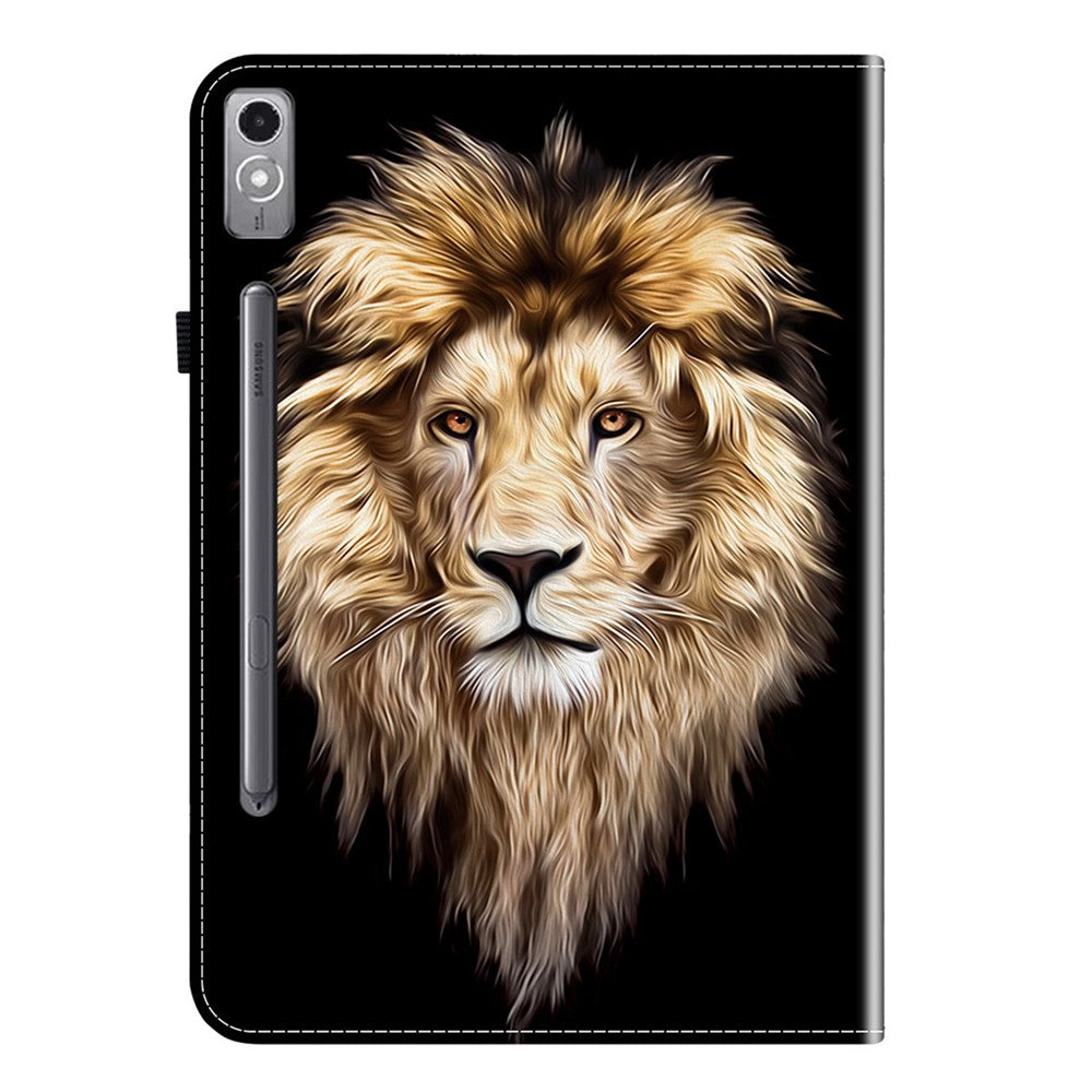 For Lenovo Tab P12 Leather Case Pattern Printed Stand Tablet Cover with Card Slots - Lion Head
