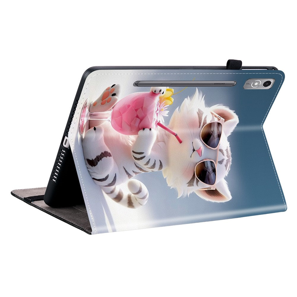 For Lenovo Tab P12 Leather Case Pattern Printed Stand Tablet Cover with Card Slots - Cartoon Tiger