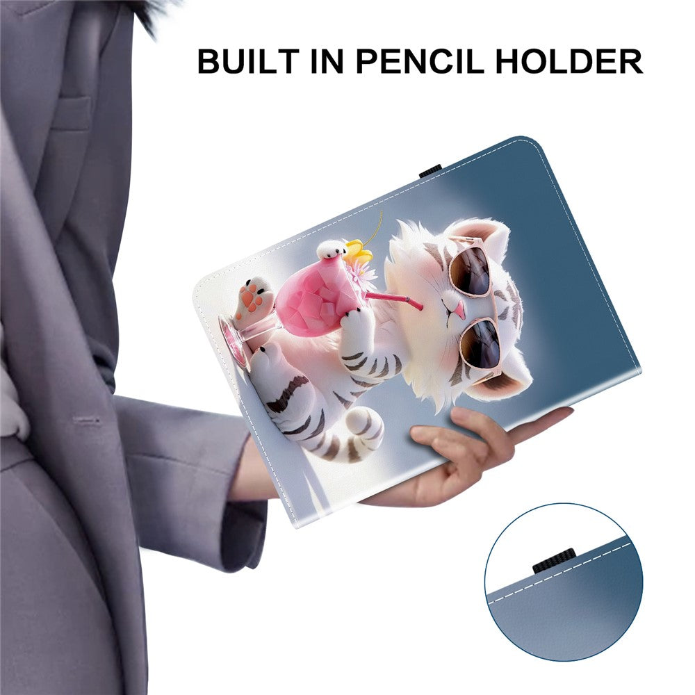 For Lenovo Tab P12 Leather Case Pattern Printed Stand Tablet Cover with Card Slots - Cartoon Tiger