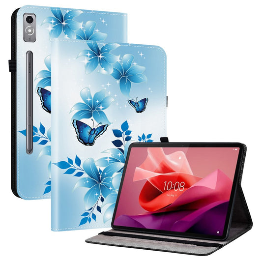 For Lenovo Tab P12 Leather Case Pattern Printed Stand Tablet Cover with Card Slots - Blue Butterfly