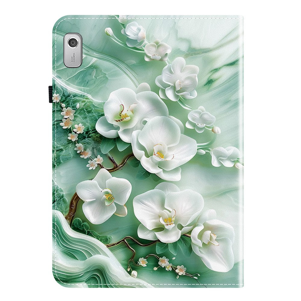 For Lenovo Tab M9 Leather Case Pattern Printed Stand Tablet Cover with Card Slots - Jade Flower