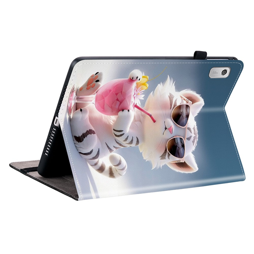 For Lenovo Tab M9 Leather Case Pattern Printed Stand Tablet Cover with Card Slots - Cartoon Tiger