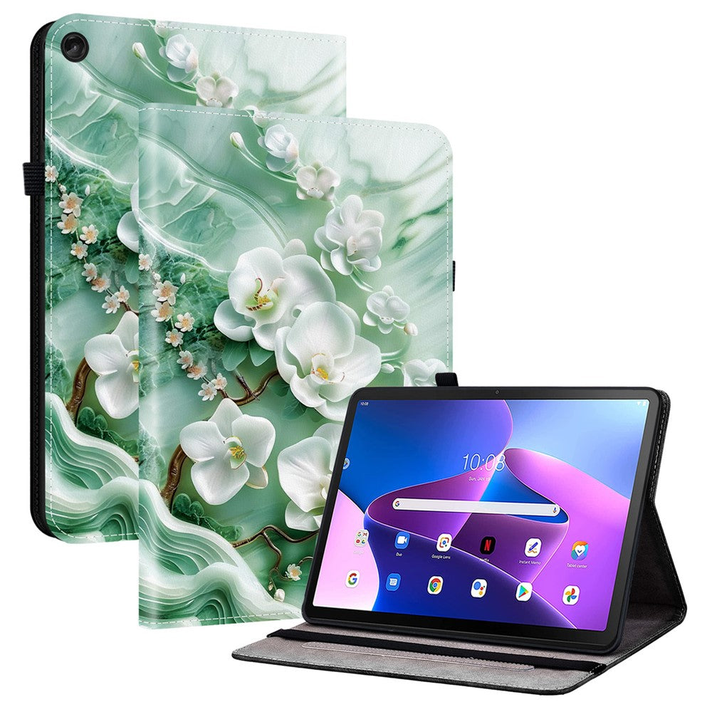 For Lenovo Tab M10 Plus (3rd Gen) Leather Case Pattern Printed Stand Tablet Cover with Card Slots - Jade Flower