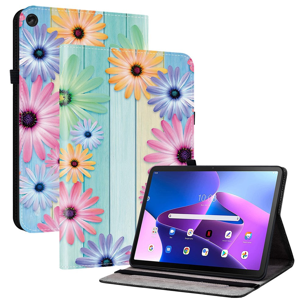 For Lenovo Tab M10 Plus (3rd Gen) Leather Case Pattern Printed Stand Tablet Cover with Card Slots - Sunflower