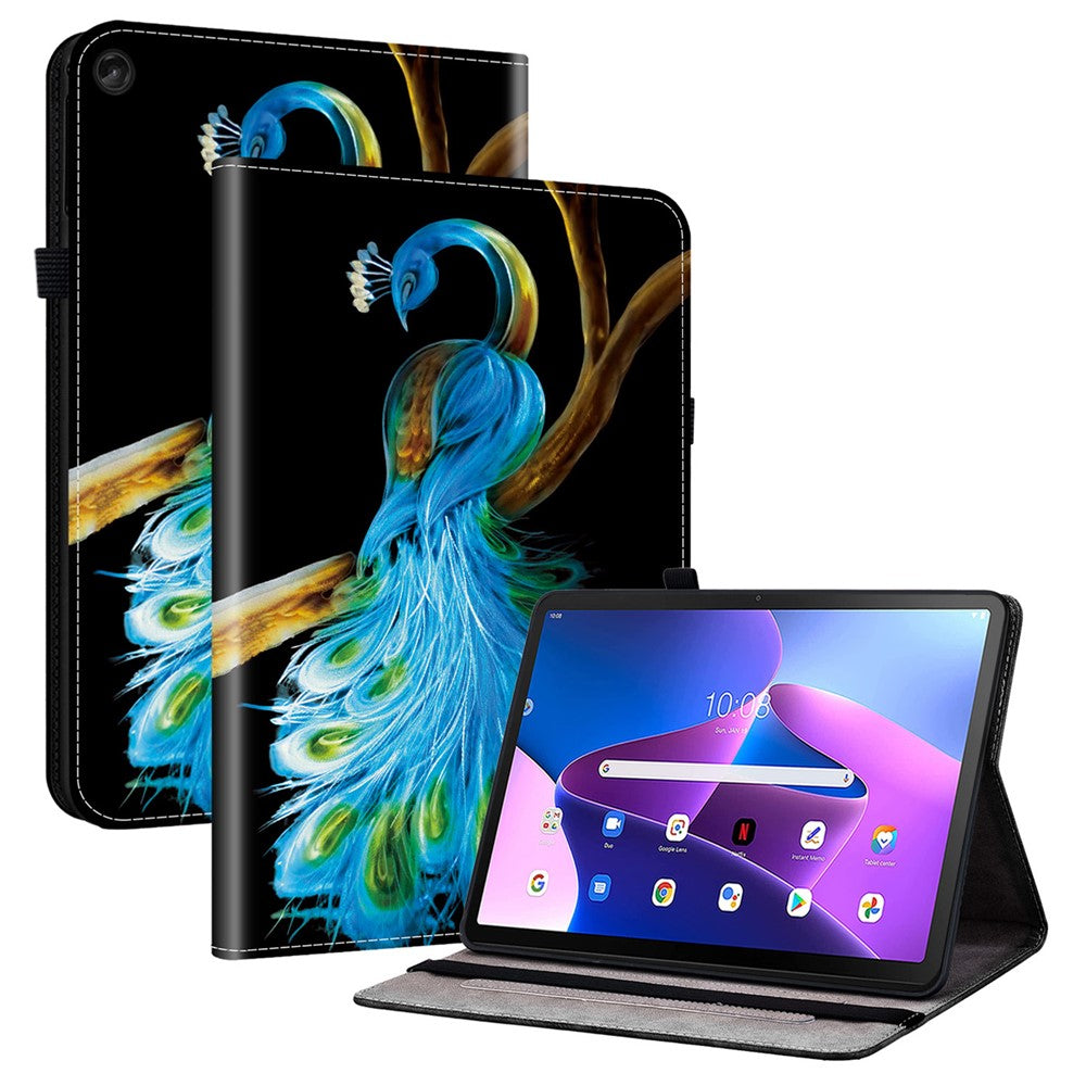 For Lenovo Tab M10 Plus (3rd Gen) Leather Case Pattern Printed Stand Tablet Cover with Card Slots - Peacock