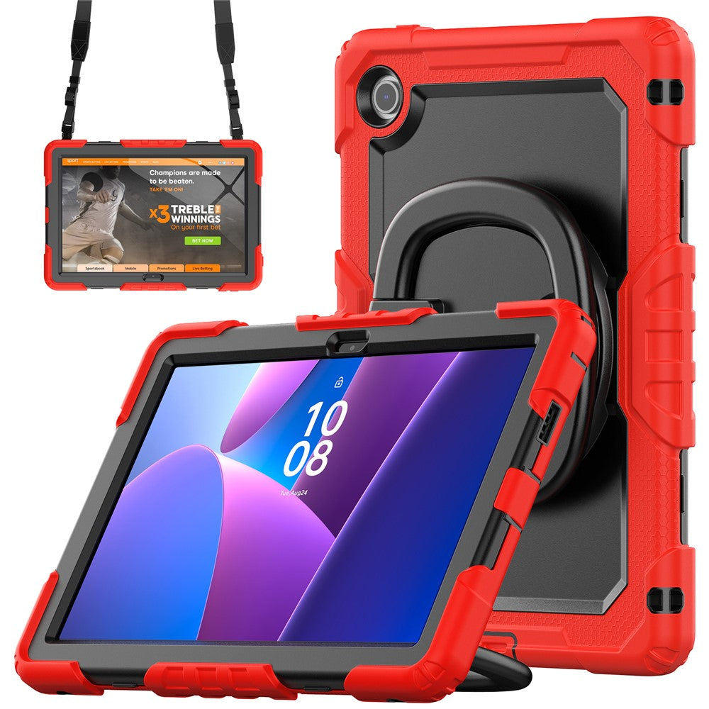For Lenovo Tab 10.1 (2025) TB-311XU / Tab TB311FU Kickstand Case PC + Silicone Tablet Cover with Shoulder Strap - Red
