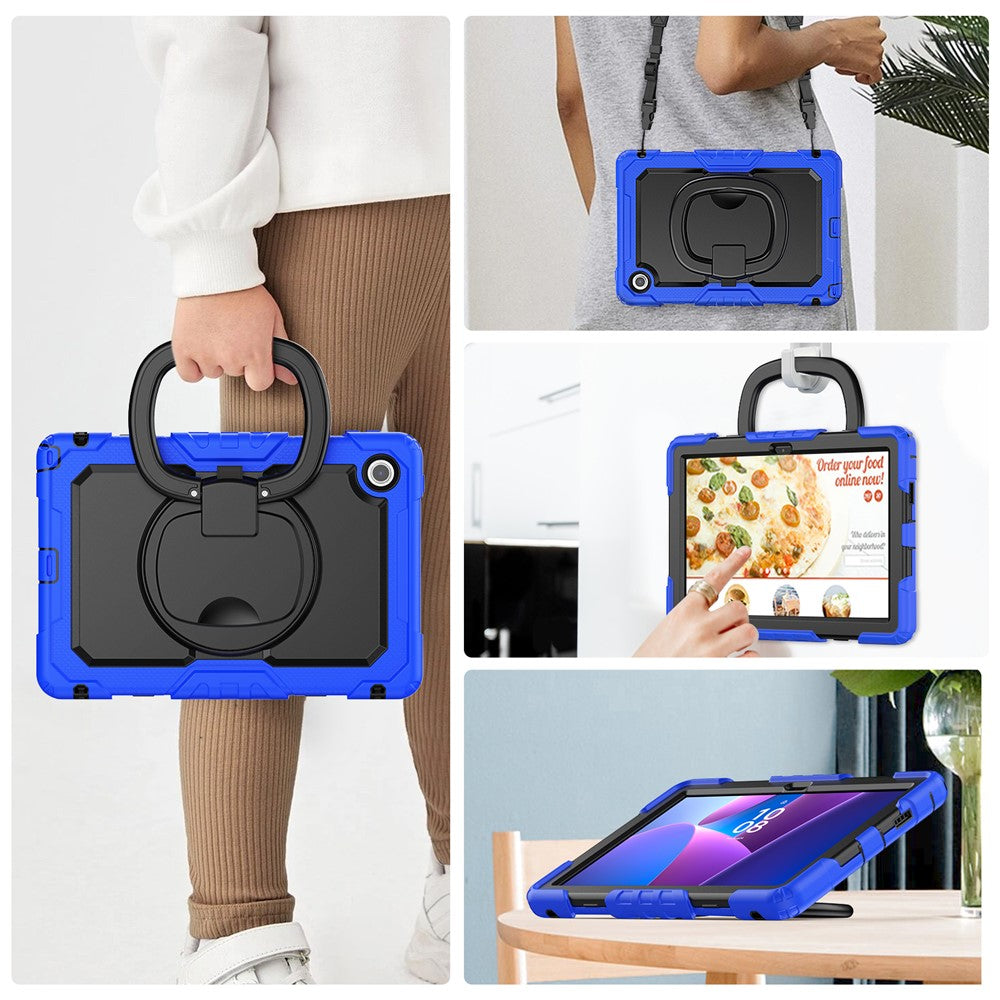 For Lenovo Tab 10.1 (2025) TB-311XU / Tab TB311FU Kickstand Case PC + Silicone Tablet Cover with Shoulder Strap - Dark Blue